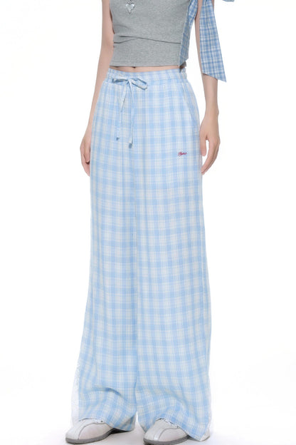 Blue Lace-Trimmed Wide-Leg Pants