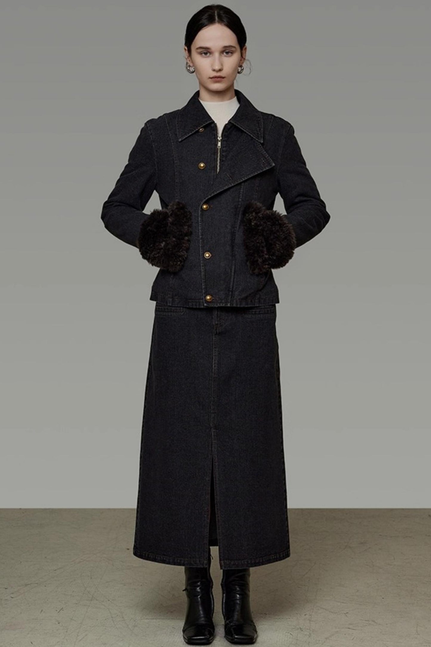 Patchwork Fur Collar Denim Jacket Set-Up