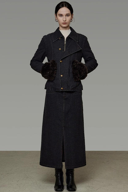 Patchwork Fur Collar Denim Jacket Set-Up