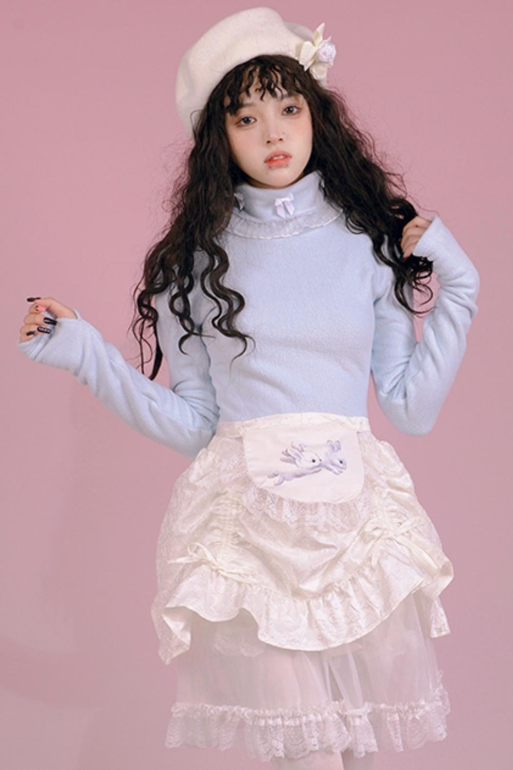 Solid Color Bow Lace Turtleneck Shirt