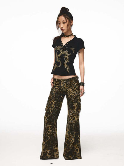 2-way Leopard Pattern Low Rise Studs Flare Jeans