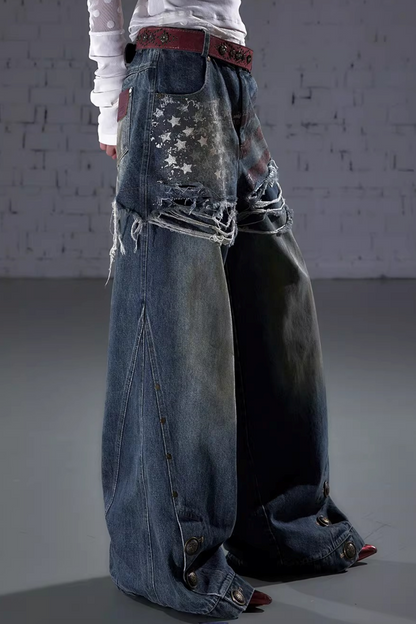 Retro Print Denim Pants