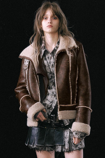 Brown Fleece Retro Biker Jacket