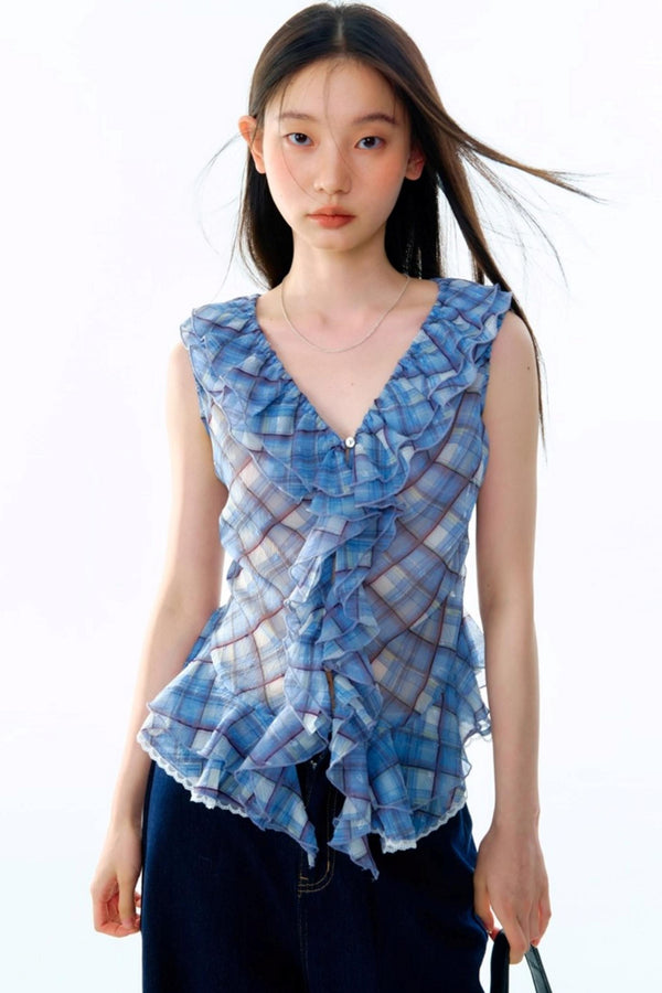 Plaid Ruffle V-Neck Top