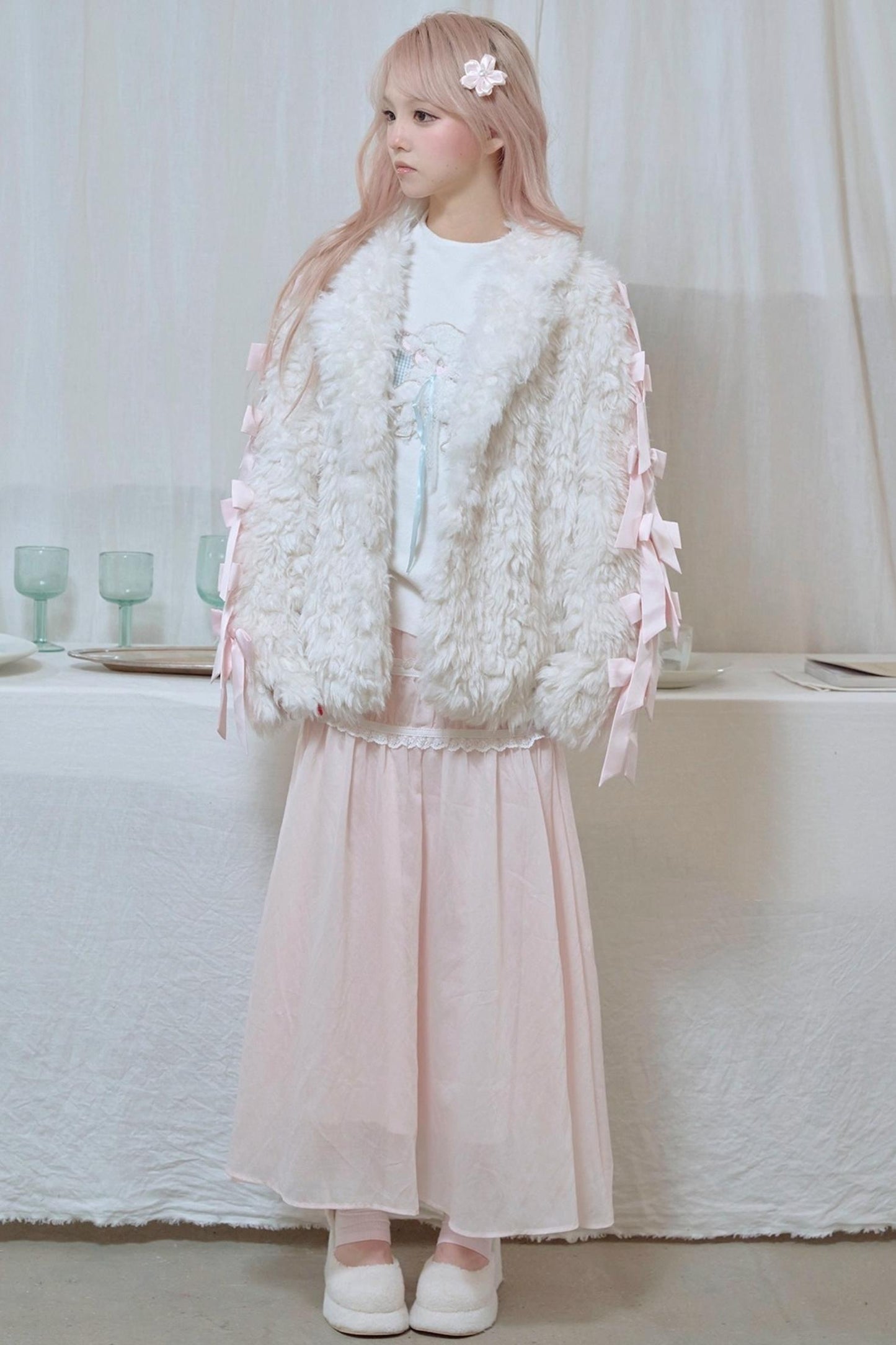 White Satin Bow Lamb Fur Coat