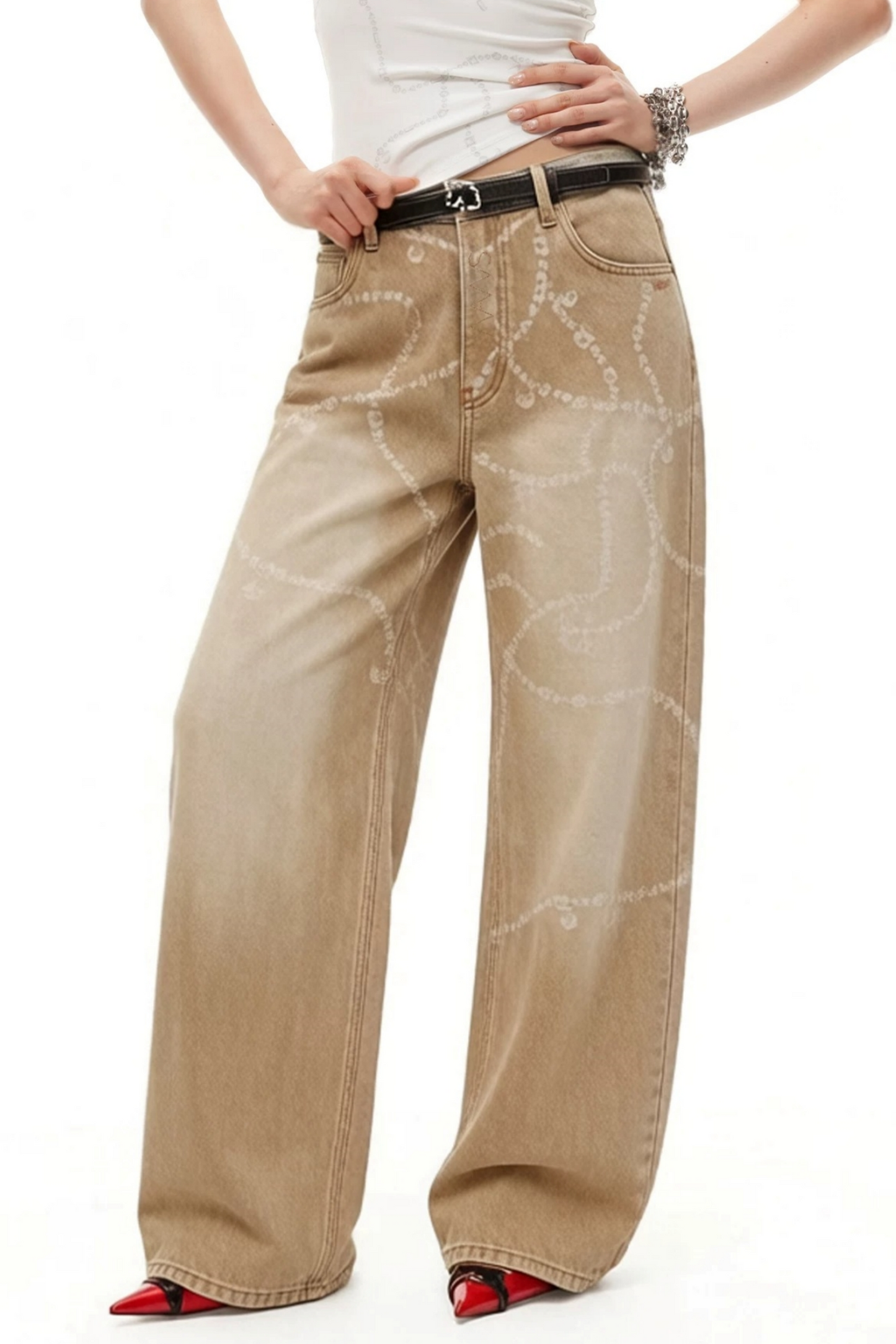 Wide-Leg Diamond Chain Jeans