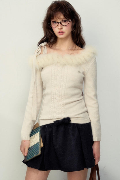 Slanted Shoulder Slim Fit Knit Top