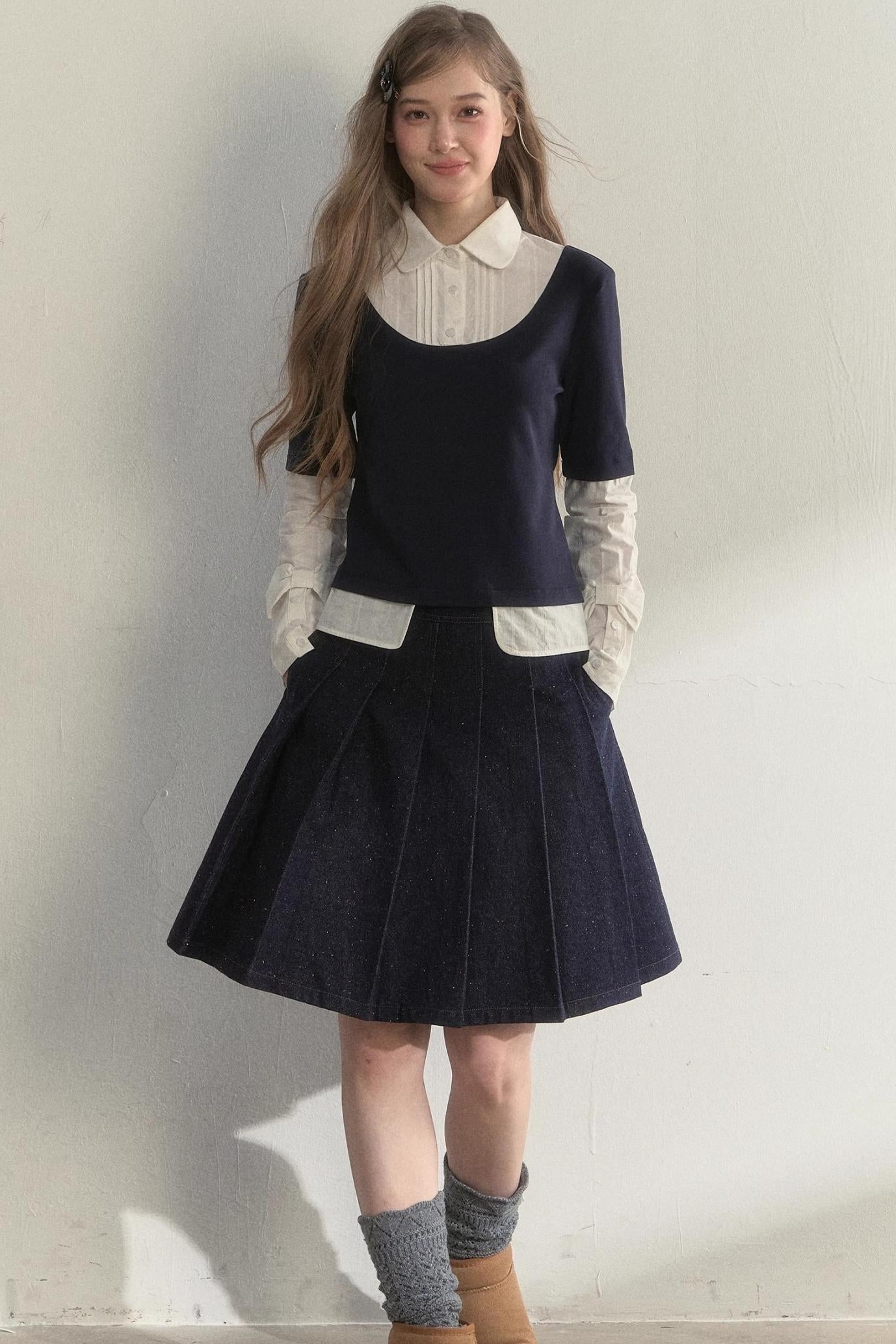 Retro Navy Faux Two-Piece Top