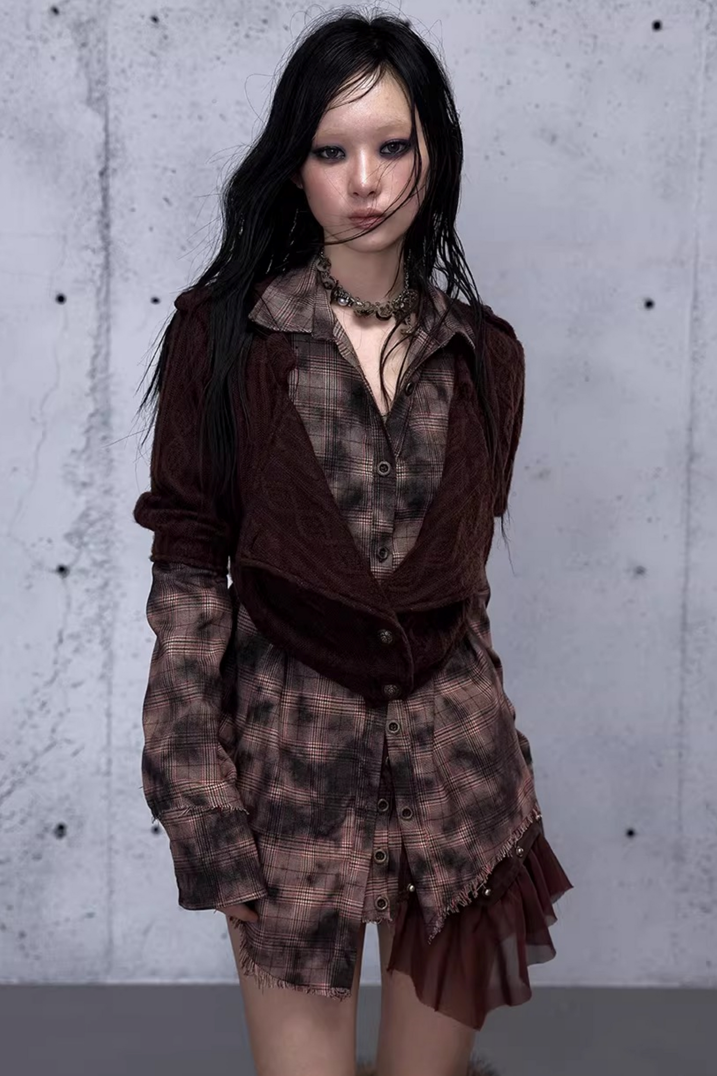 Plaid Knit Irregular Top