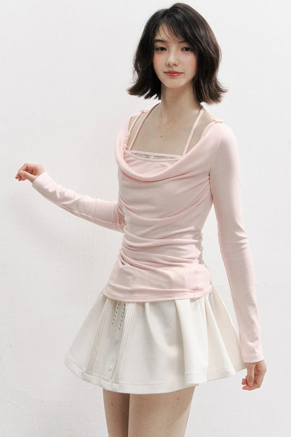 Pink Beaded Halterneck Long Sleeve T-Shirt