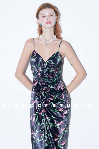 Hand-Painted Calla Lily Satin Dress