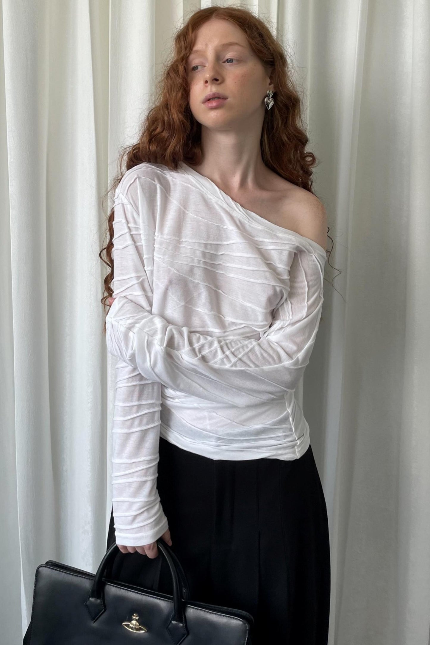 Pleated Slanted Shoulder Slimming Top