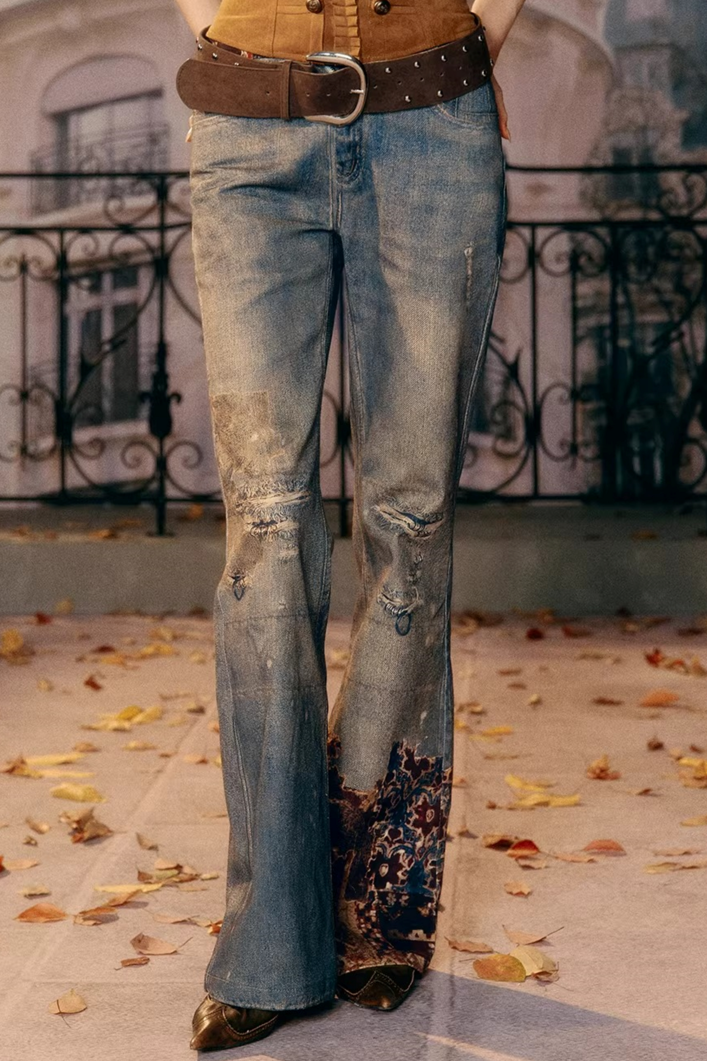 Vintage Pattern Flared Denim Pants