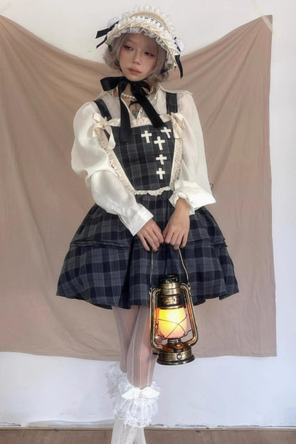 Gray Plaid Waist Cinched Herringbone Lace Bow Tie Dress Set-Up