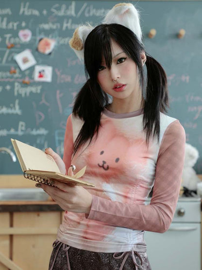 Cute Side Shirring Ribbon Bear Print Long Sleeve Tee