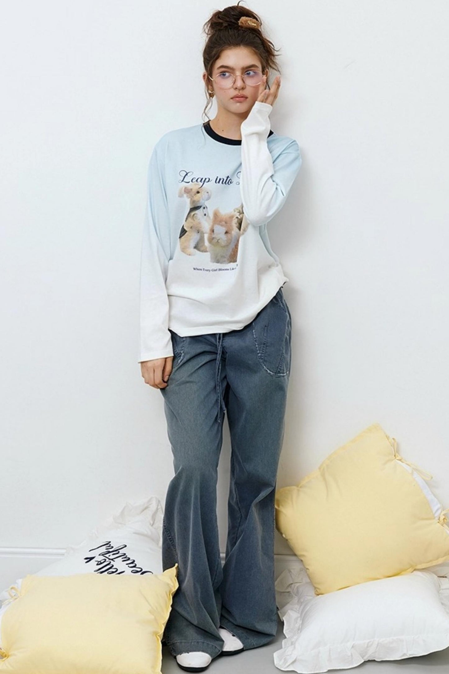 Washed Distressed Cuffed Waist Loose Pants