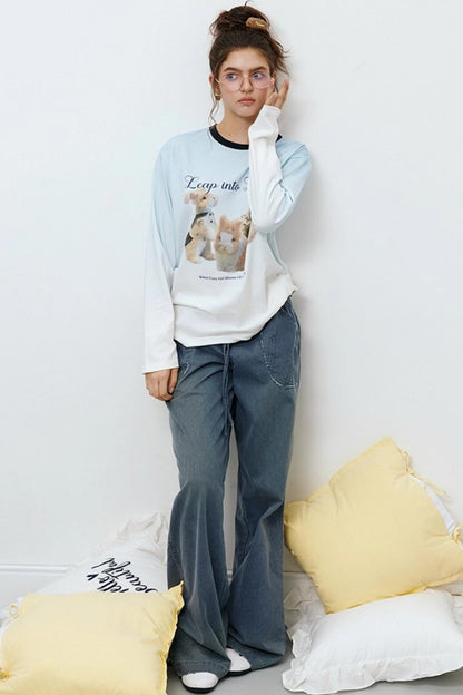 Washed Distressed Cuffed Waist Loose Pants