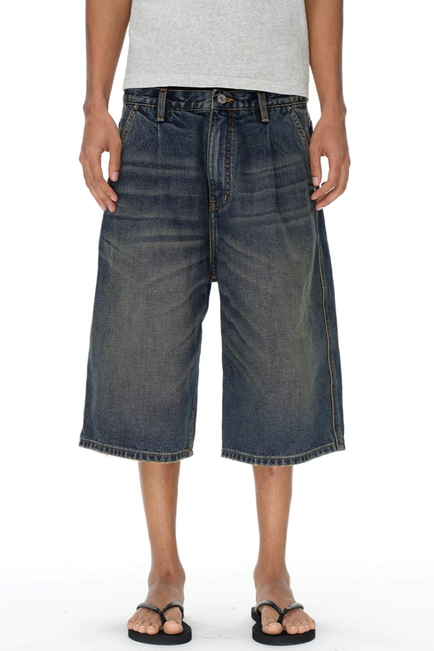 Pleated Distressed Denim Shorts