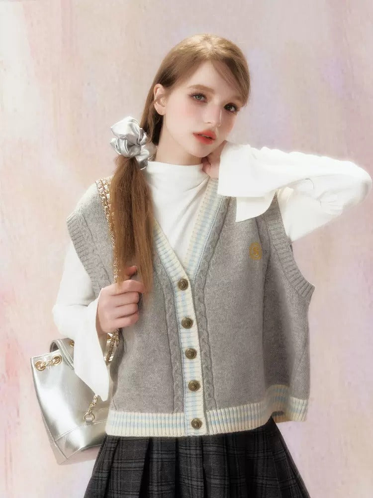 Embroidered V-Neck Knit Jacquard Vest Cardigan