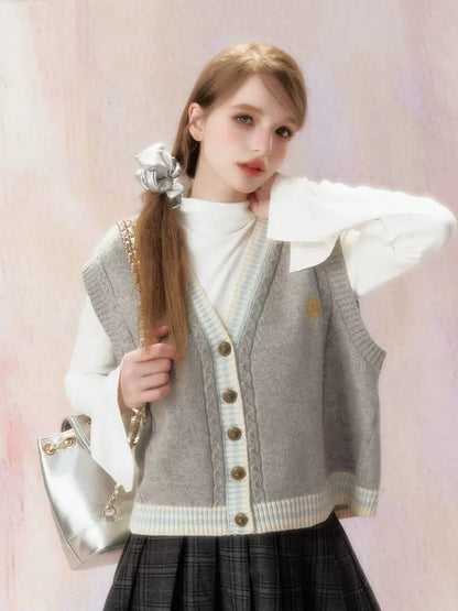 Embroidered V-Neck Knit Jacquard Vest Cardigan