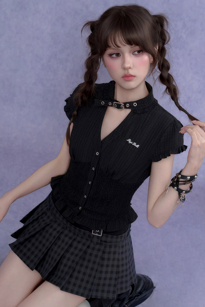 Dark Texture V-Neck Top Set-Up