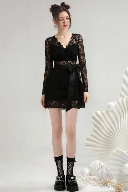 Elegant V-Neck Lace Bow Dress