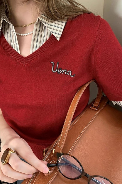 Embroidered Striped Collar Fake Two Piece T-Shirt