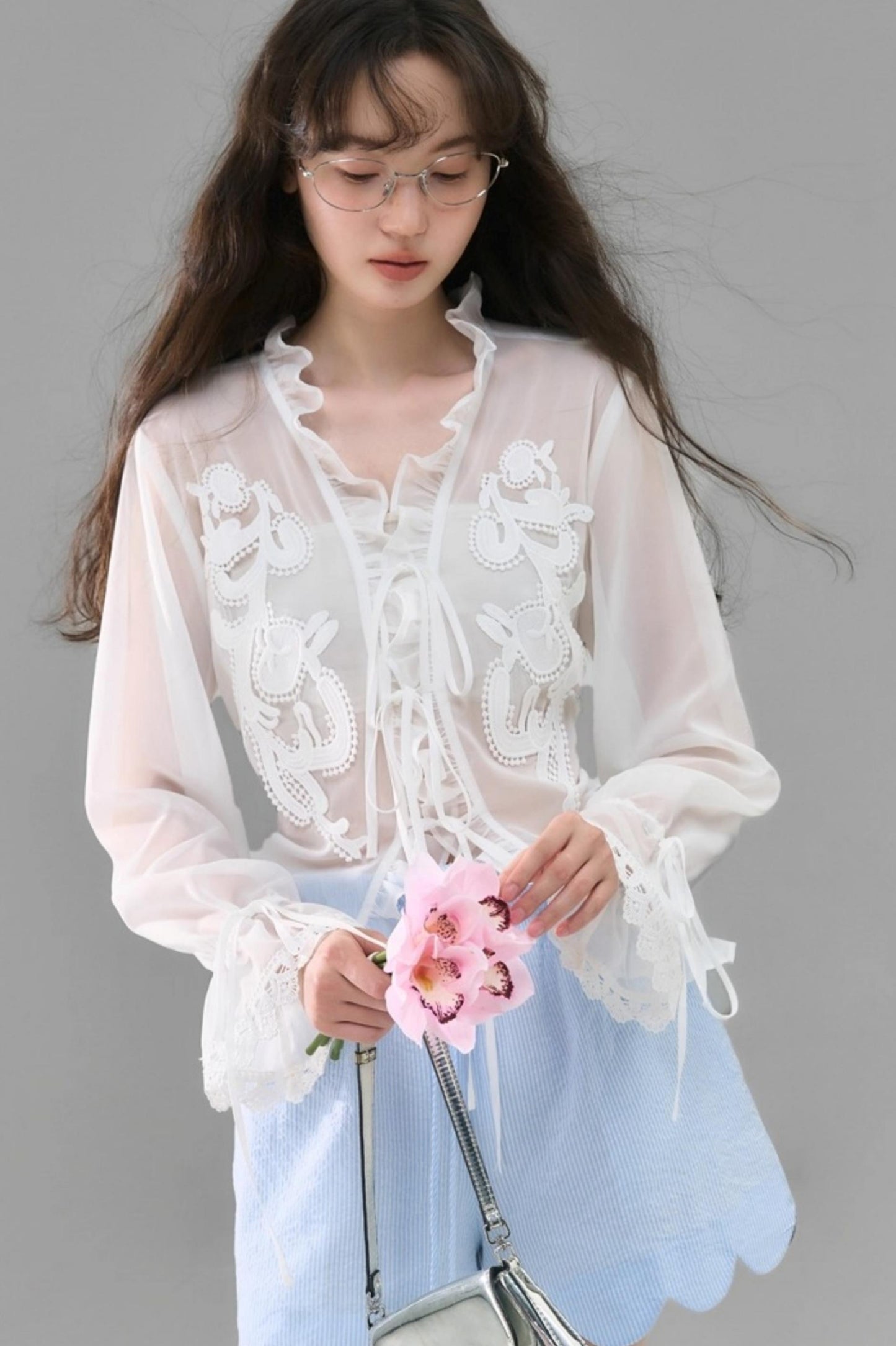 Autumn Lace-Up V-Neck Embroidered Shirt