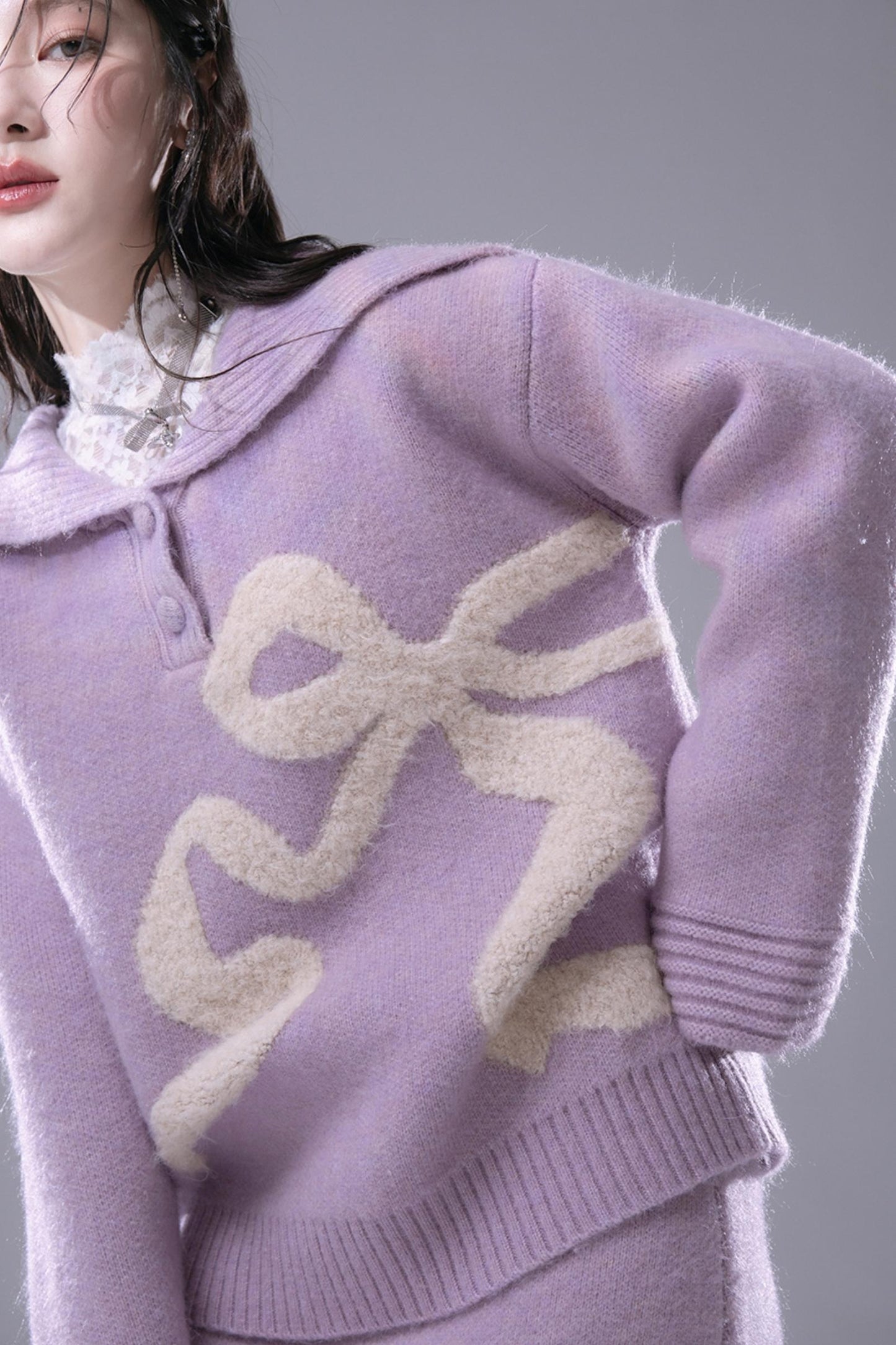 Grape Purple Bow Jacquard Sweater Set