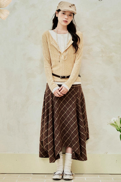 Gray-Brown Two-Tone Plaid Irregular Skirt