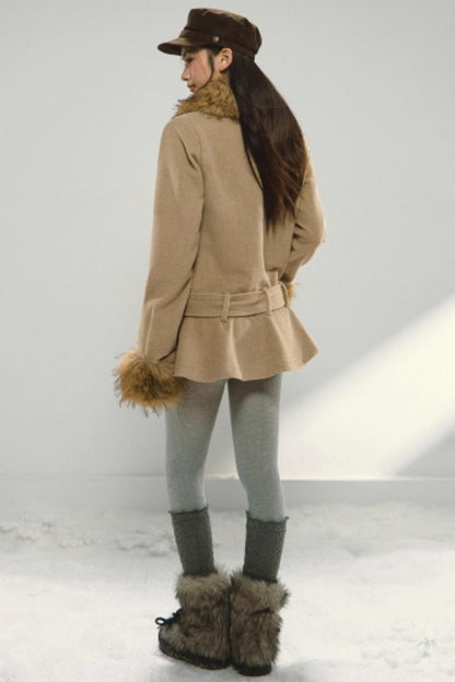 Khaki Ruffled Woolen Coat