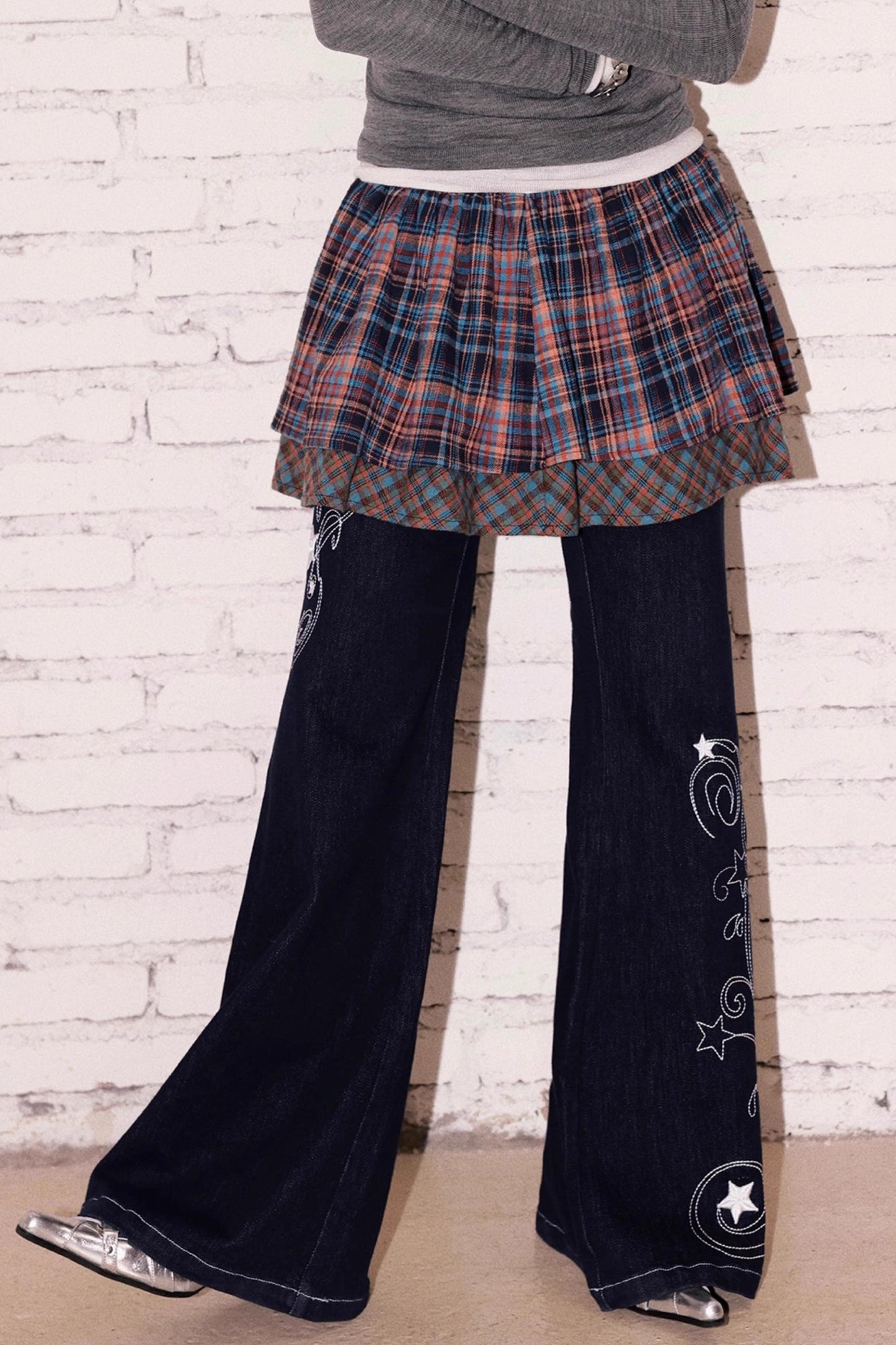 Double Layer Check Pleated Skirt