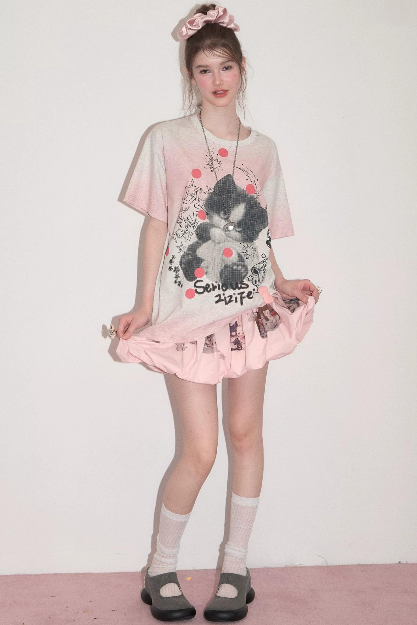T-Shirt mit rosa Farbverlauf und Katzenprint