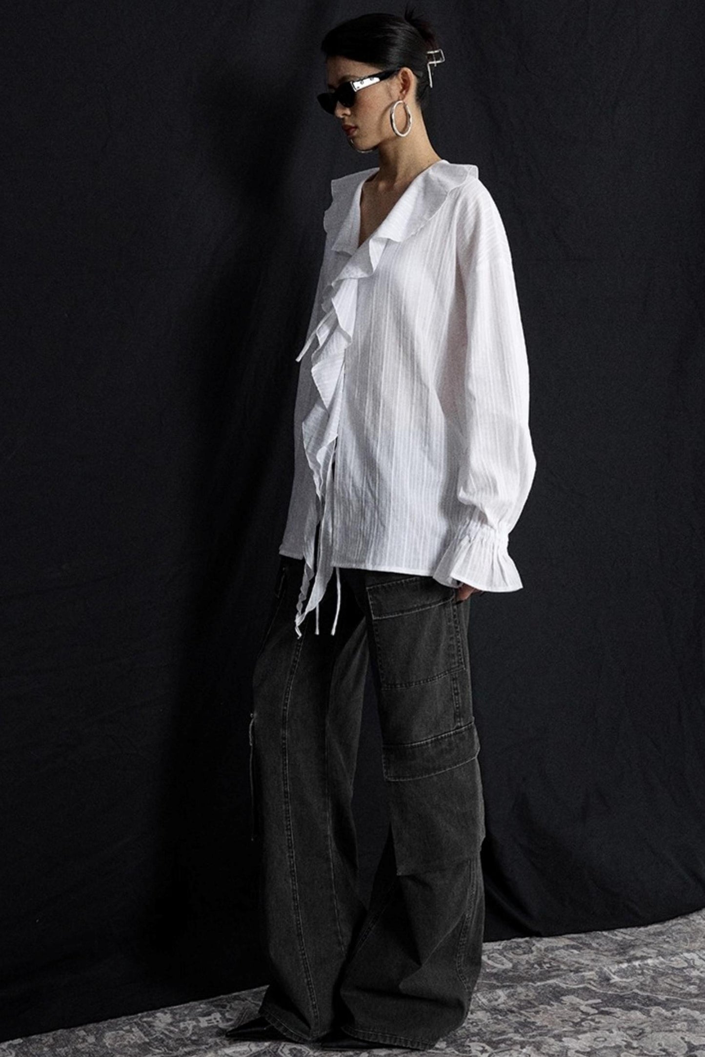 Winter White Ruffled V-Neck Shirt