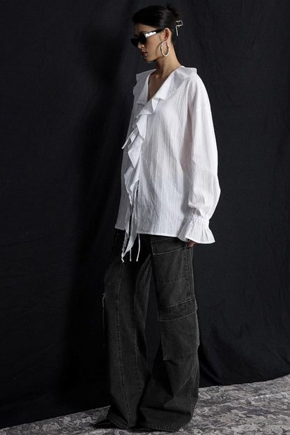 Winter White Ruffled V-Neck Shirt