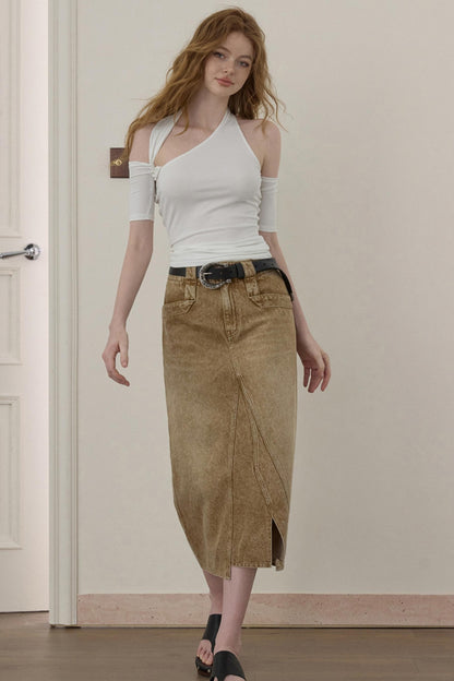 Wooha Vintage Brown Denim Skirt