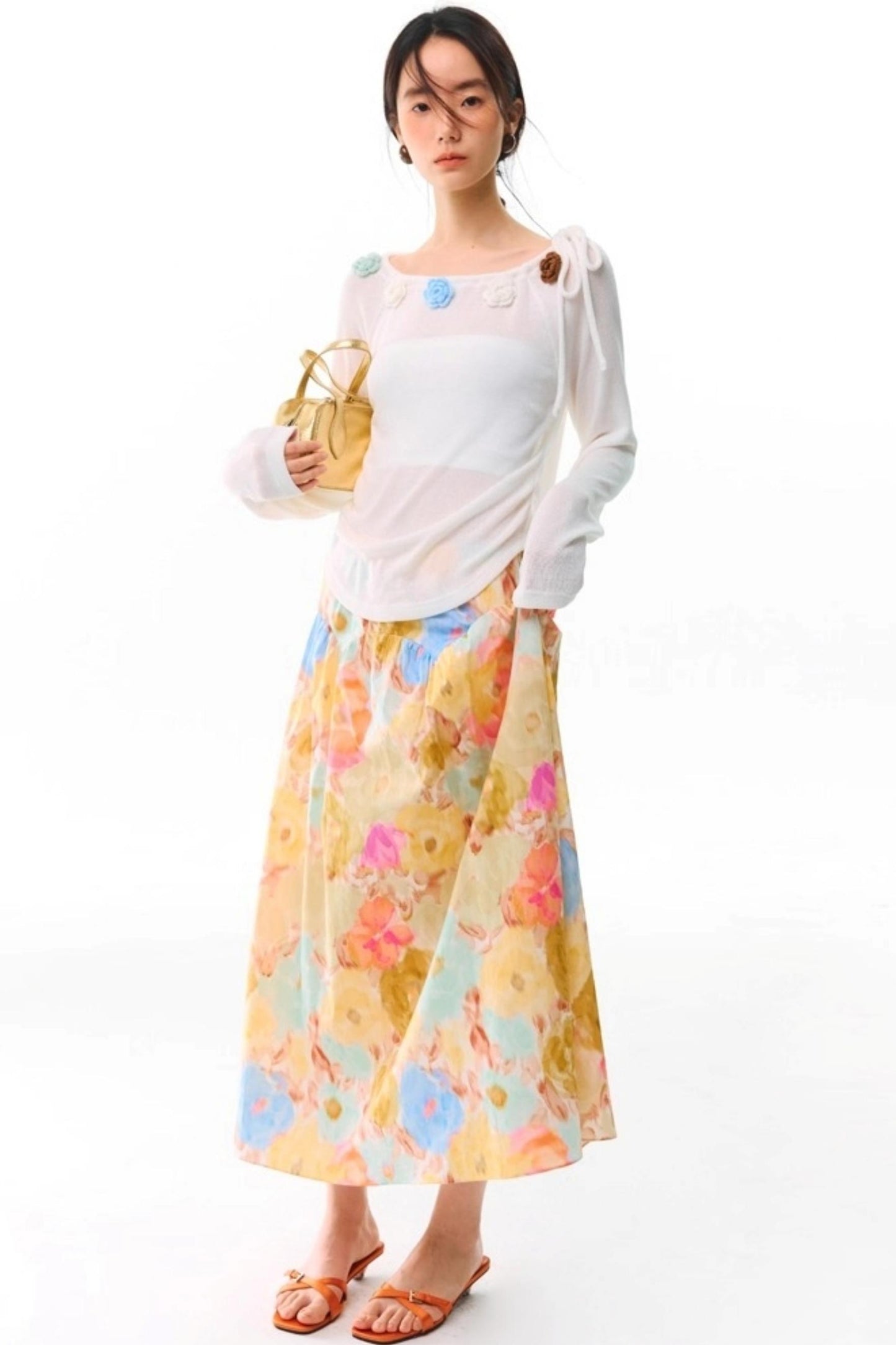 Sunset Coral Cotton A-Line Skirt