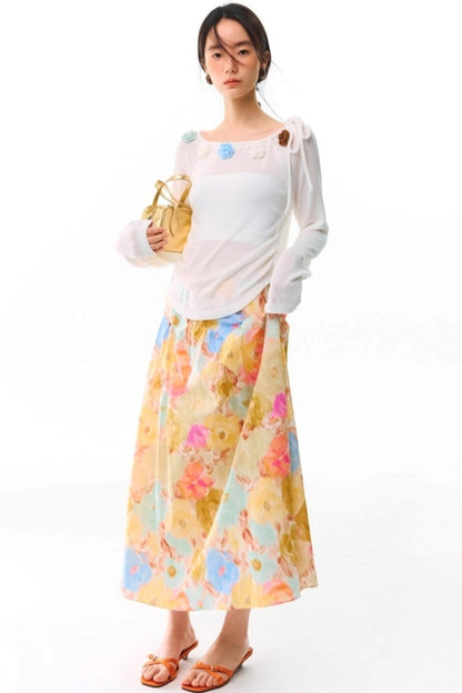 Sunset Coral Cotton A-Line Skirt