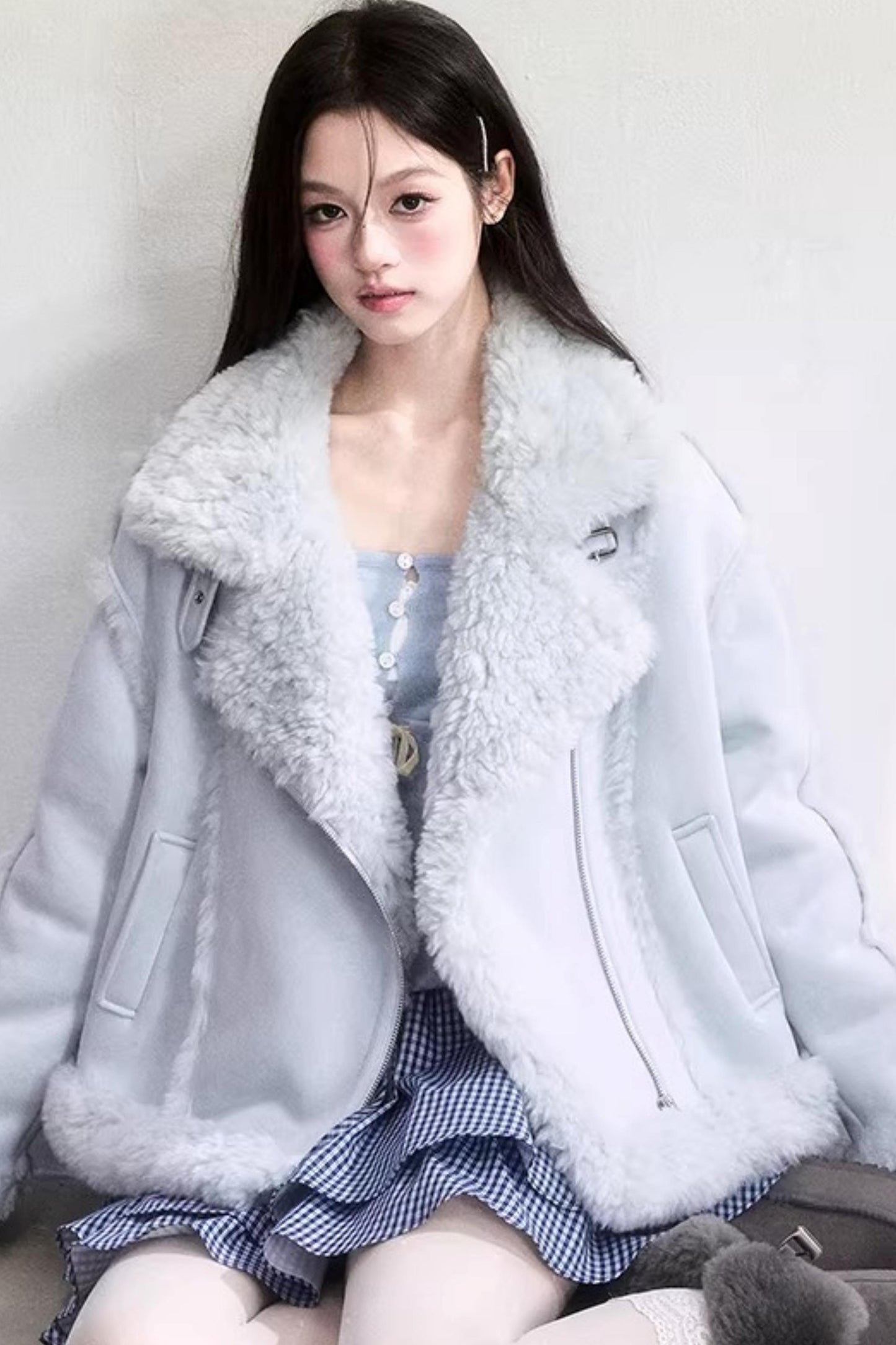 Mint Blue Patchwork Fur Jacket Set