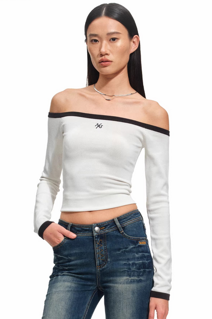 Color-Block Off-Shoulder Knit Top