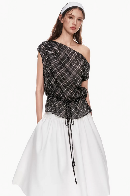 Plaid Asymmetrical Off-Shoulder Top