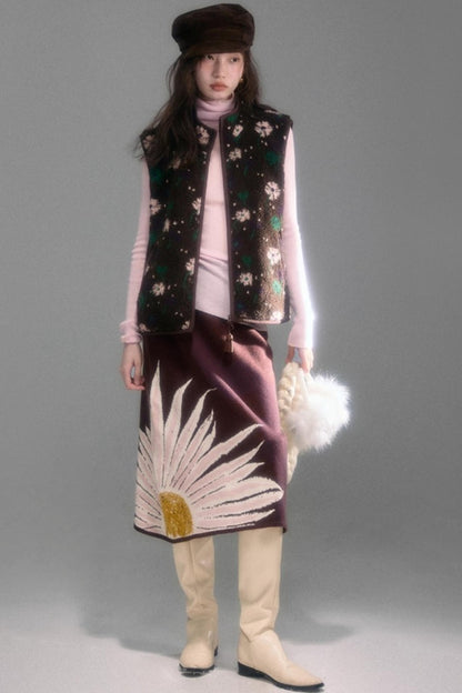 Floral Faux Lamb Wool Vest Jacket Set-Up