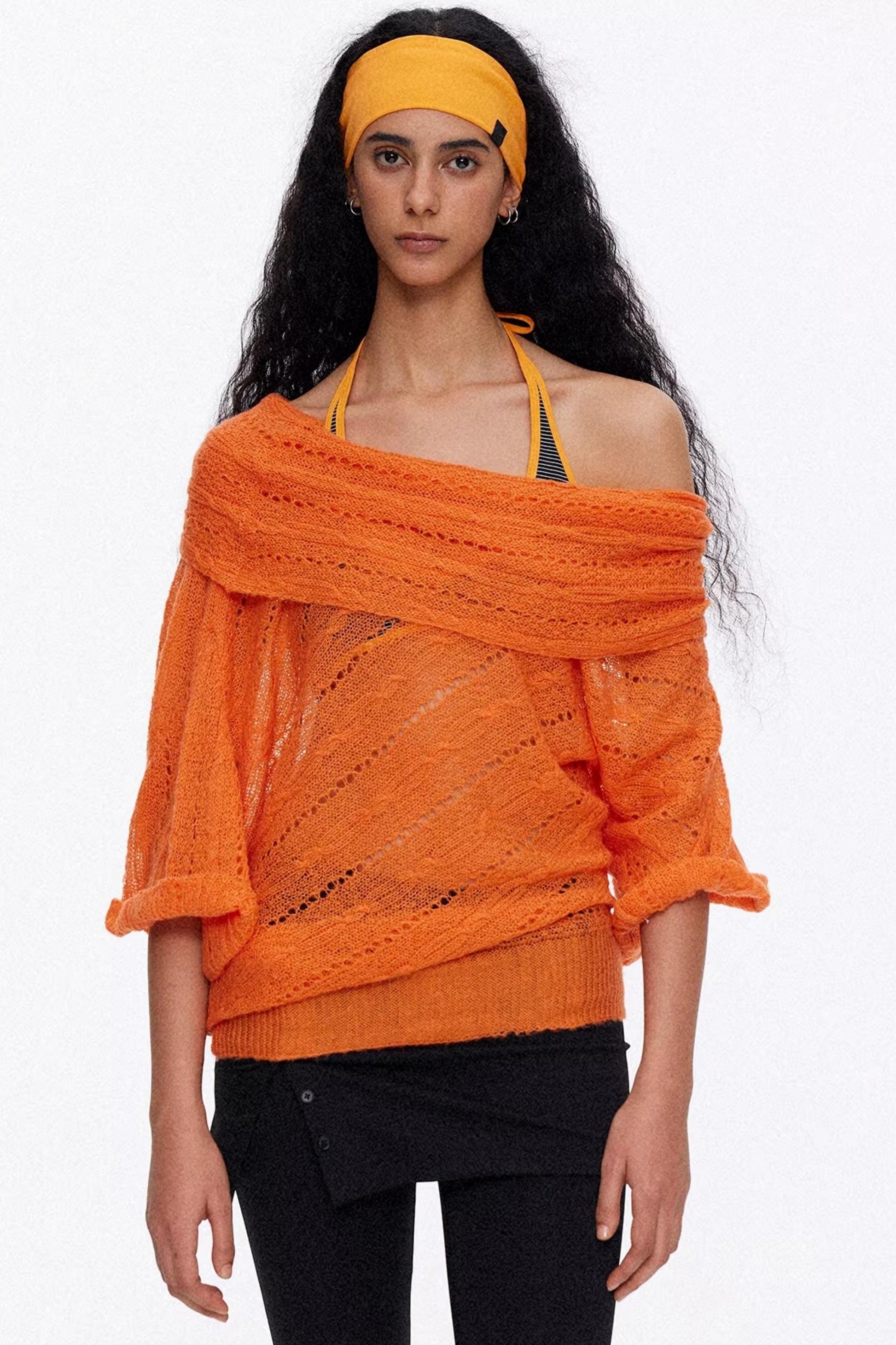 Vibrant orange one-shoulder oversized knit blouse for a bold summer look