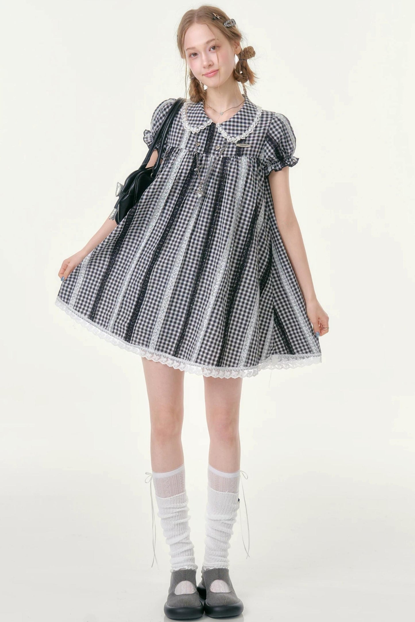 Retro Plaid Lace Puff Sleeve Dress