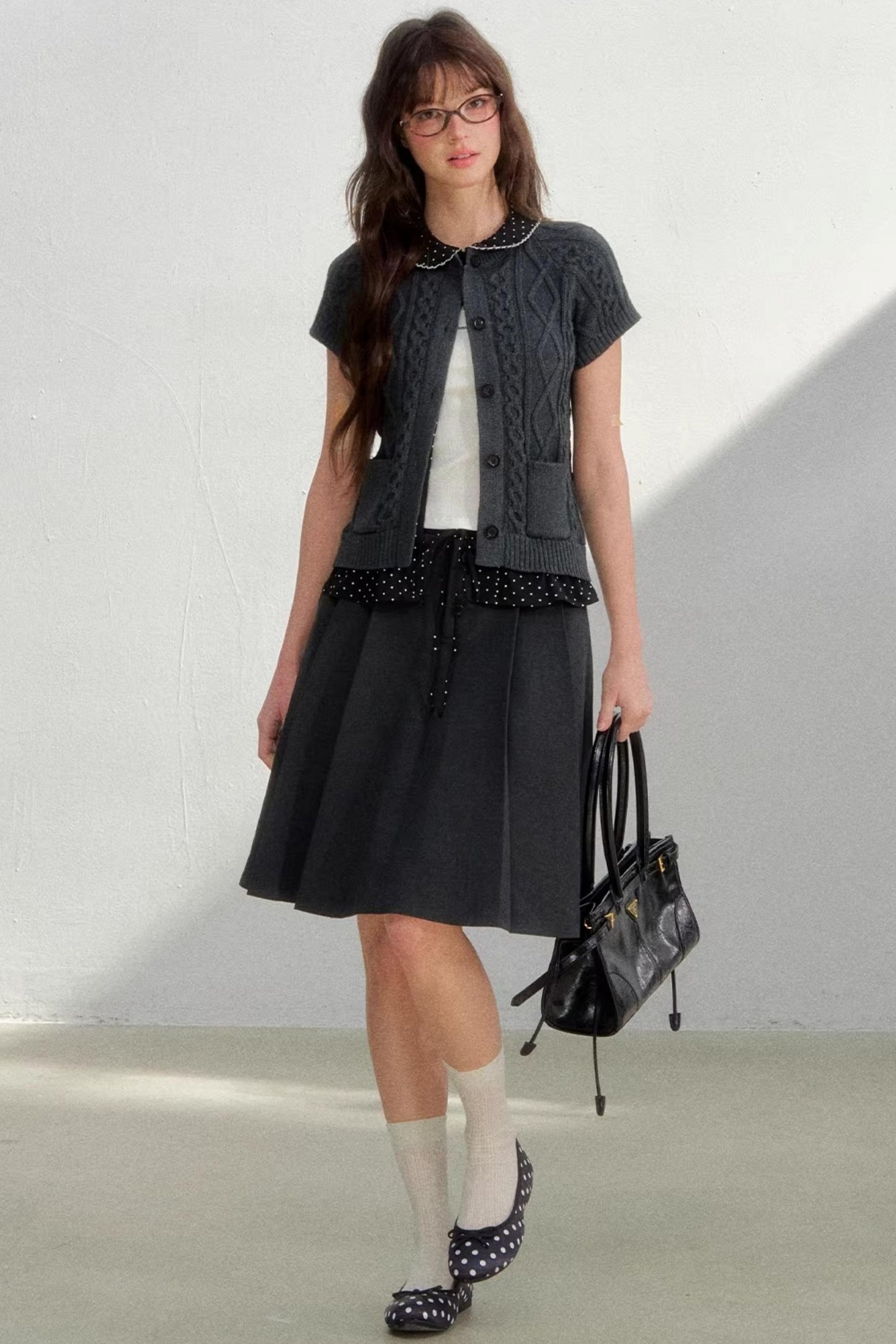 Polka Dot Gray Pleated Skirt