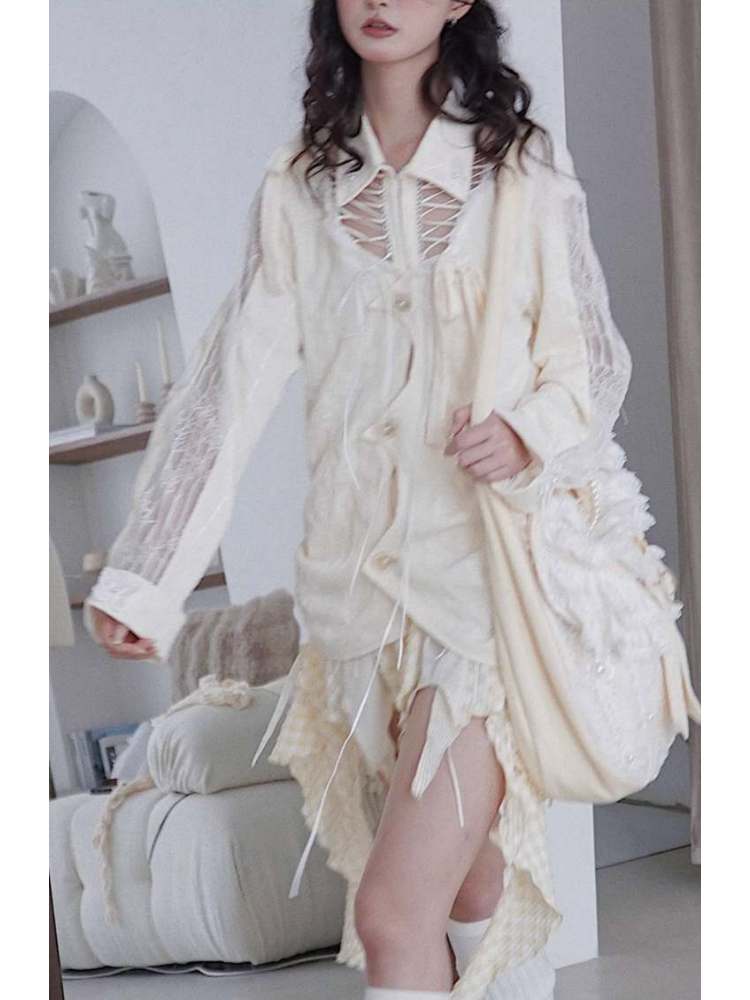 Niche Original Design Strap Sheer Lace Shirt