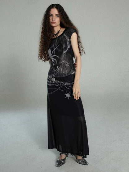 Spider Print T-Shirt & Mesh Long Skirt