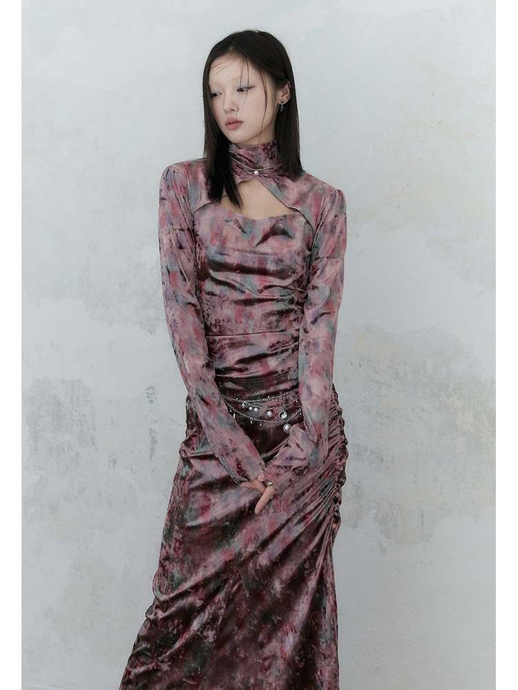 Chinese Style Marble Print Tops & Slit Skirt