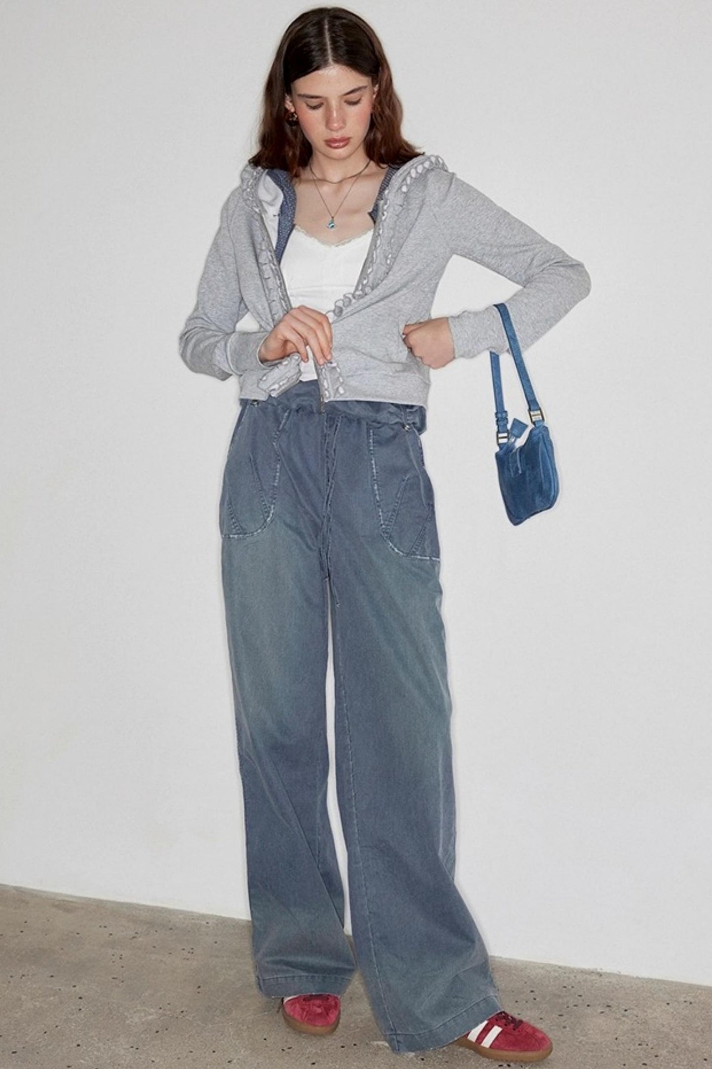 Washed Distressed Cuffed Waist Loose Pants