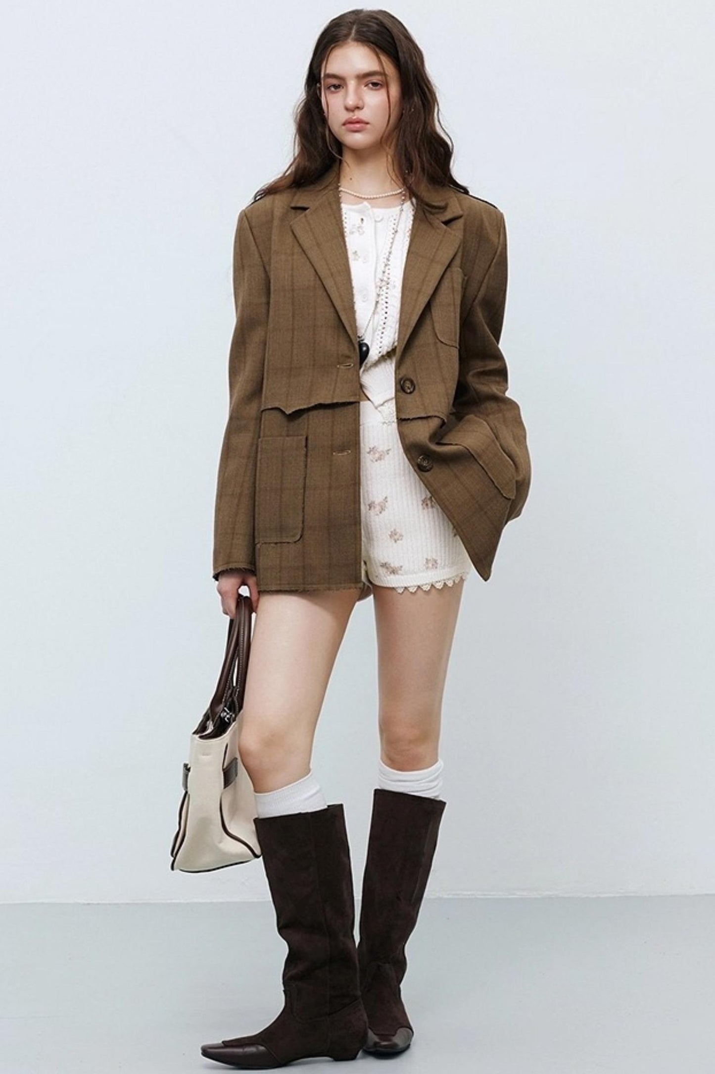 Brown Check Raw Edge Blazer